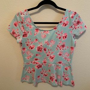 H&M Mint Green & Neon Pink Floral Round Neck Short Sleeve Peplum Top Medium